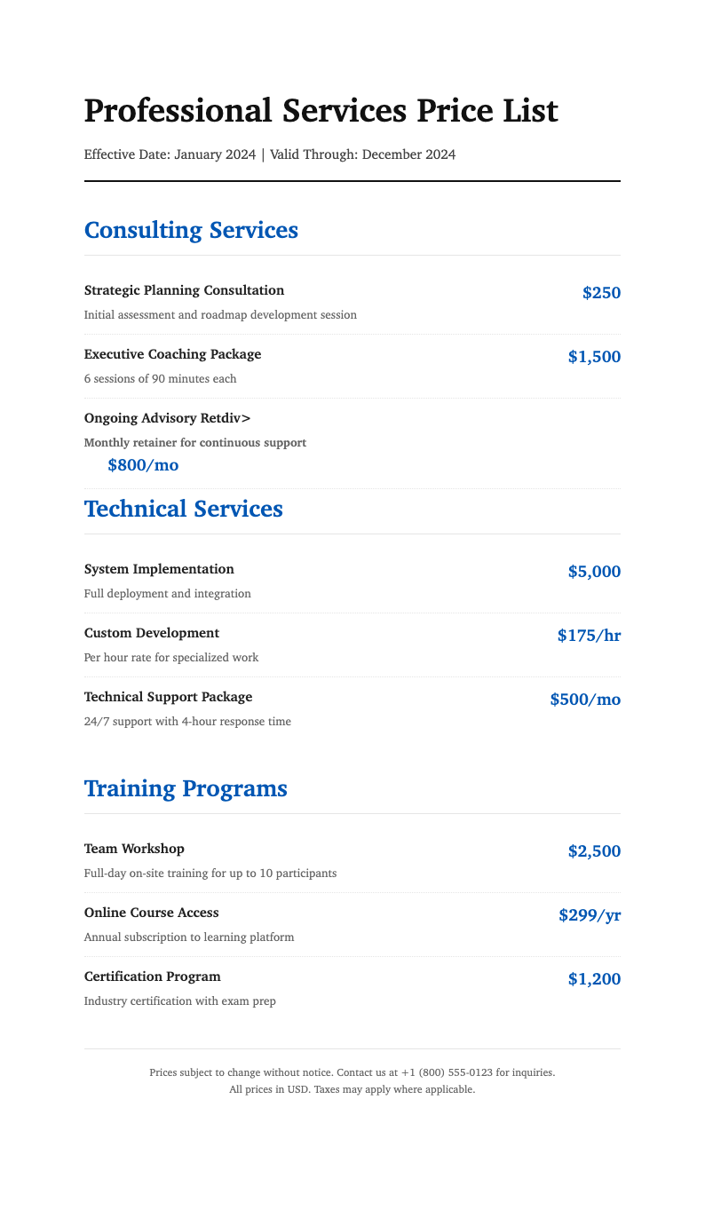 Classic professional price list